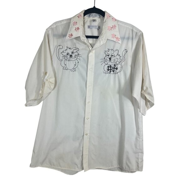 Handmade Retro Cat Embroidery Shirt Button Up 16.5 Cream Glam Classic Chic 80s - Picture 1 of 16